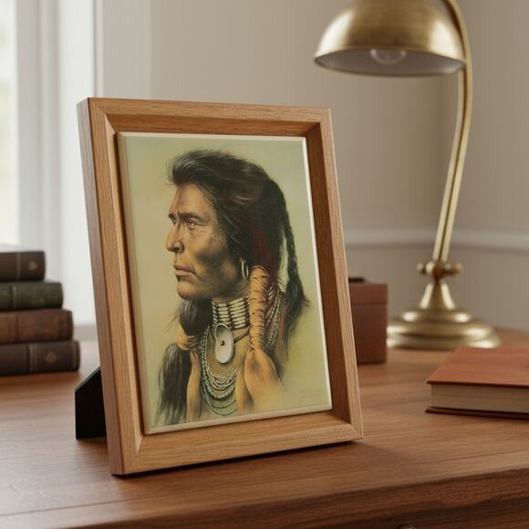 Bill Hampton Native American Indian print on Tile 6"x4.5" Frame 7.5" x 6" read - Picture 7 of 7